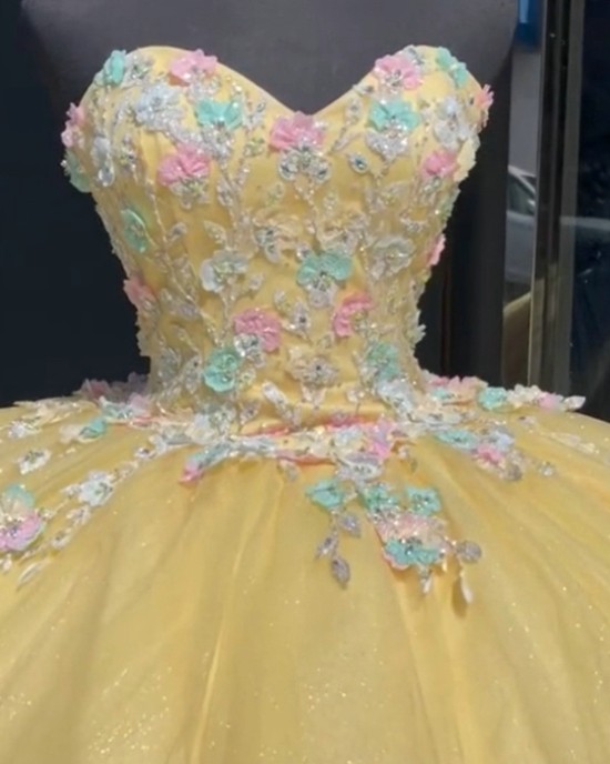 Strapless Pastel Yellow Quinceanera Dress With Blue Flowers