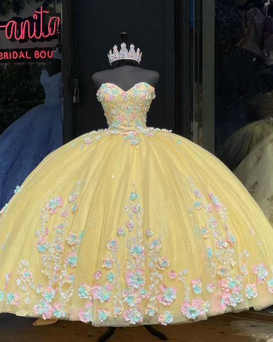 Strapless Pastel Yellow Quinceanera Dress With Blue Flowers