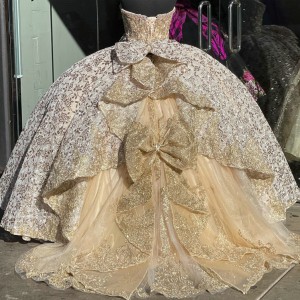 Strapless Quinceanera Dama Dresses Champagne With Bowties Back