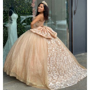 Strapless Shiny Tulle Champagne Quinceanera Dresses With Bowtie