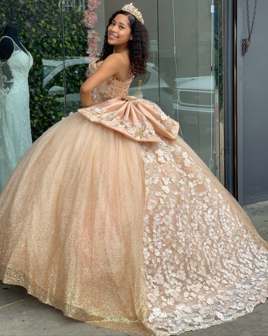 Strapless Shiny Tulle Champagne Quinceanera Dresses With Bowtie