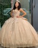 Strapless Shiny Tulle Champagne Quinceanera Dresses With Bowtie