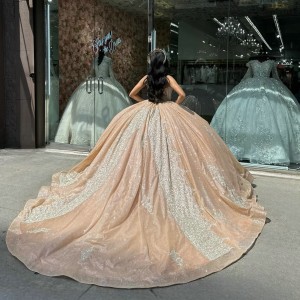 Strapless Tulle Champagne XV Dress With Silver Lace