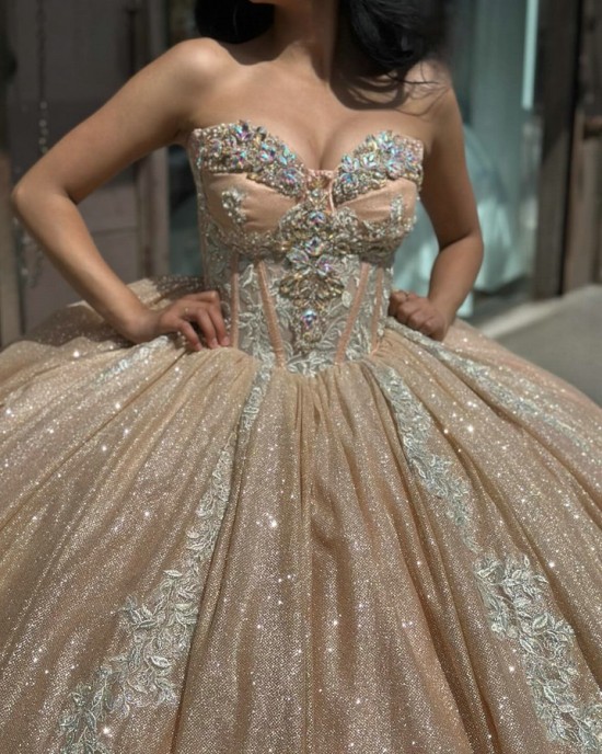 Strapless Tulle Champagne XV Dress With Silver Lace