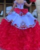 Strapless White And Red Charro Quinceanera Dress With Cape