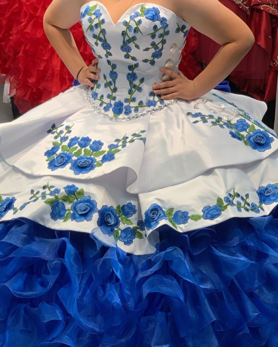 Strapless White And Red Charro Quinceanera Dress With Cape