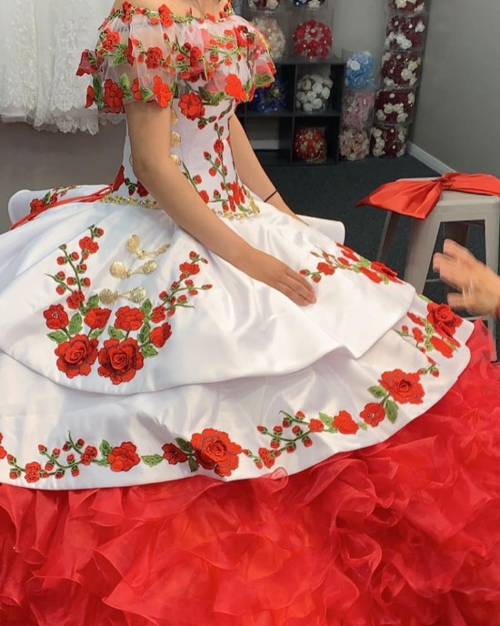 Strapless White And Red Charro Quinceanera Dress With Cape