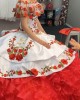 Strapless White And Red Charro Quinceanera Dress With Cape