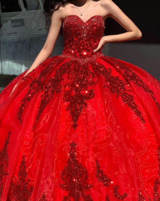 Sweetheart Red Quinceanera Dresses With Detachable Sleeves And Metallic Lace Appliques