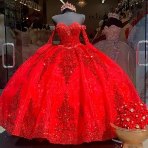 Sweetheart Red Quinceanera Dresses With Detachable Sleeves And Metallic Lace Appliques