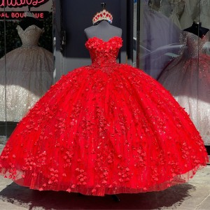 Three Dimensional Strapless Red Floral Quinceanera Dresses With Cape