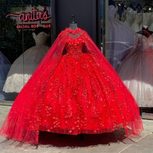 Three Dimensional Strapless Red Floral Quinceanera Dresses With Cape