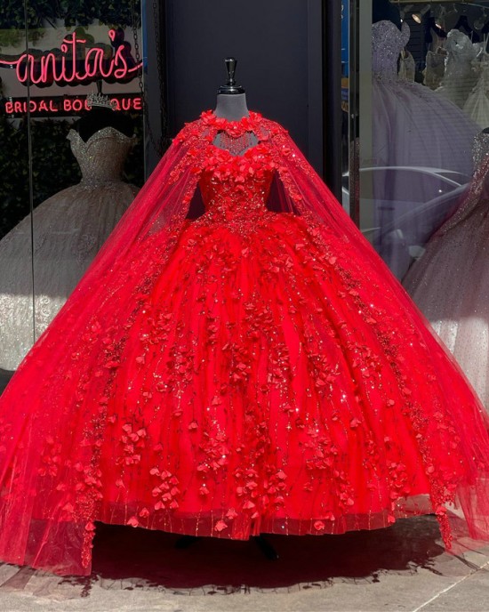 Three Dimensional Strapless Red Floral Quinceanera Dresses With Cape