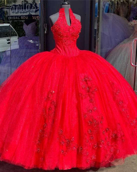 Three Dimensional Vintage Red Halter Top Quinceanera Dresses