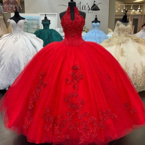 Three Dimensional Vintage Red Halter Top Quinceanera Dresses