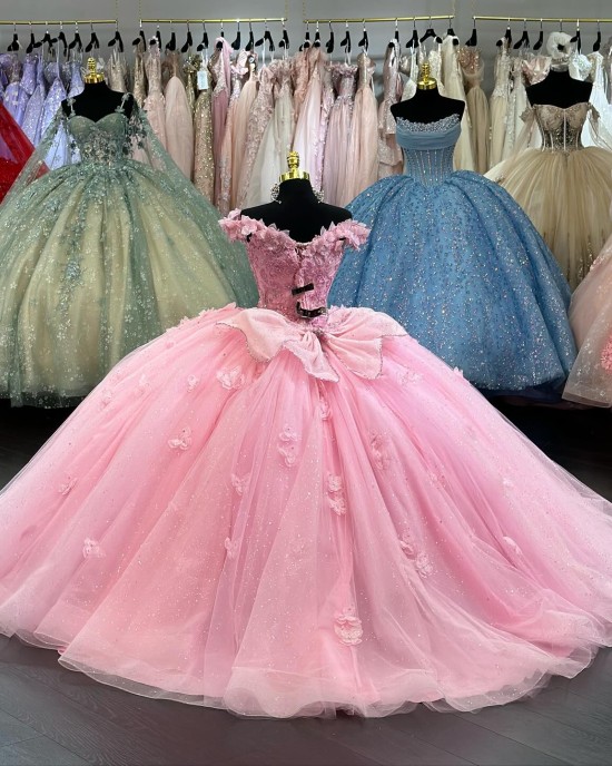 Tulle Floor Length Pink Butterfly Quince Dress