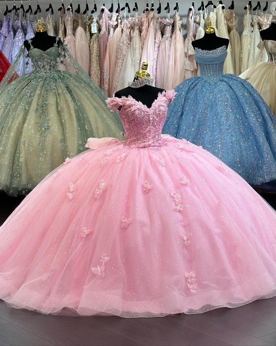 Tulle Floor Length Pink Butterfly Quince Dress