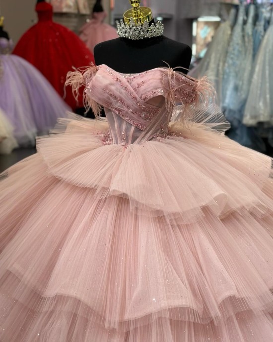 Tulle Layered Quinceanera Dress 15 Dress Pink