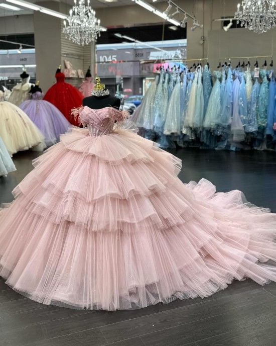 Tulle Layered Quinceanera Dress 15 Dress Pink