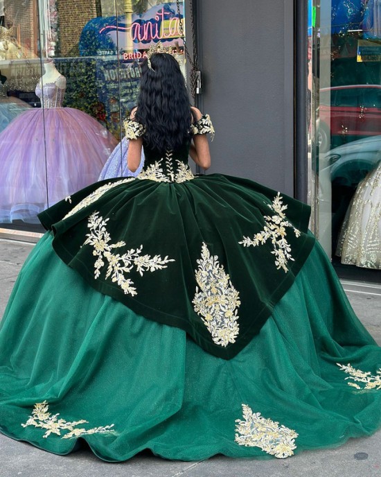 Tulle Velvet Off The Shoulder Quince Dress Emerald Green With Gold