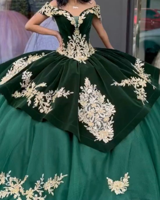 Tulle Velvet Off The Shoulder Quince Dress Emerald Green With Gold