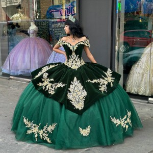 Tulle Velvet Off The Shoulder Quince Dress Emerald Green With Gold