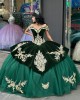 Tulle Velvet Off The Shoulder Quince Dress Emerald Green With Gold