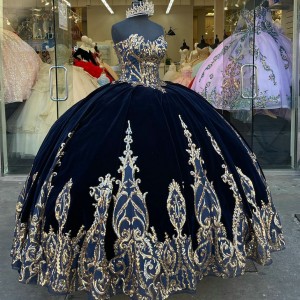 Velvet Off The Shoulder Navy and Gold Quinceanera Dresses With Detachable Sleeves