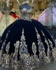 Velvet Off The Shoulder Navy and Gold Quinceanera Dresses With Detachable Sleeves