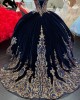 Velvet Off The Shoulder Navy and Gold Quinceanera Dresses With Detachable Sleeves