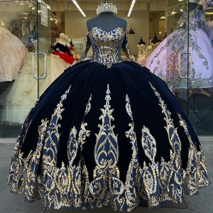 Velvet Off The Shoulder Navy and Gold Quinceanera Dresses With Detachable Sleeves