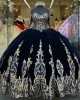 Velvet Off The Shoulder Navy and Gold Quinceanera Dresses With Detachable Sleeves