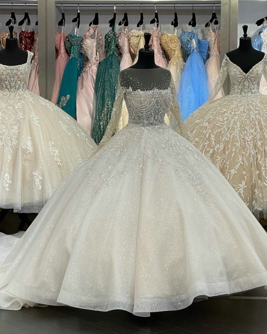 Wide V Neck Ivory Quinceanera Dresses With Long Sleeves