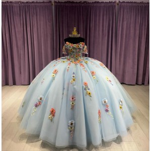 3D Floral Appliques Sky Blue Quinceanera Dresses Sweetheart Neck Off Shoulder 15 Dress