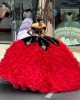 Black And Red Ruffled Quinceanera Dresses Off Shoulder Lace Appliqued Pearl 15 Dress