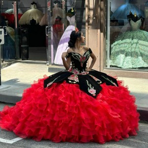 Black And Red Ruffled Quinceanera Dresses Off Shoulder Lace Appliqued Pearl 15 Dress