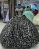 Black Sleeveless Quinceanera Dresses Metallic Sequin Sweetheart Neckline 15 Dress With Bow