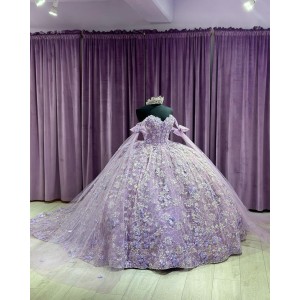 Cape Sleeve Lilac Quince Dresses Sweetheart Neckline 15 Dress With 3D Floral Appliques