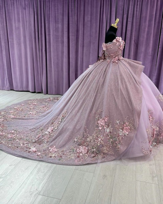 Cape Sleeve Lilac Quinceanera Dresses 3D Flowers V Neck 15 Ball Gown