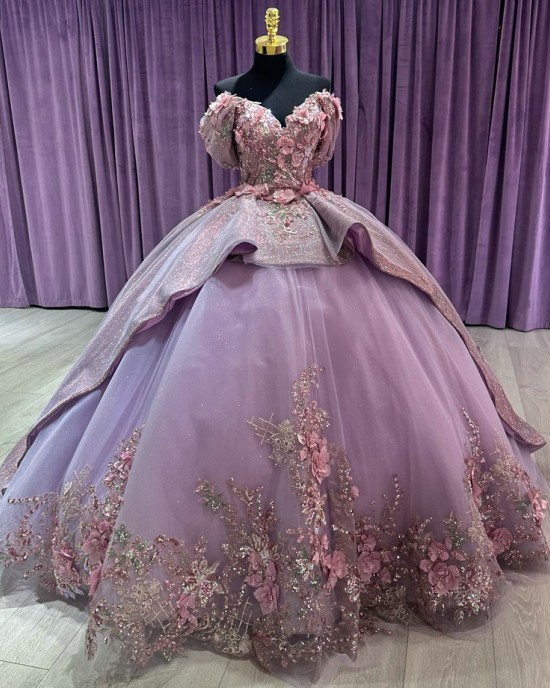 Cape Sleeve Lilac Quinceanera Dresses 3D Flowers V Neck 15 Ball Gown