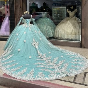 Cape Sleeve Tiffany Blue Quinceanera Dresses Lace Appliqued V Neck 15 Ball Gown