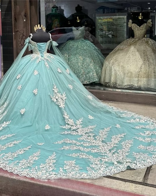 Cape Sleeve Tiffany Blue Quinceanera Dresses Lace Appliqued V Neck 15 Ball Gown