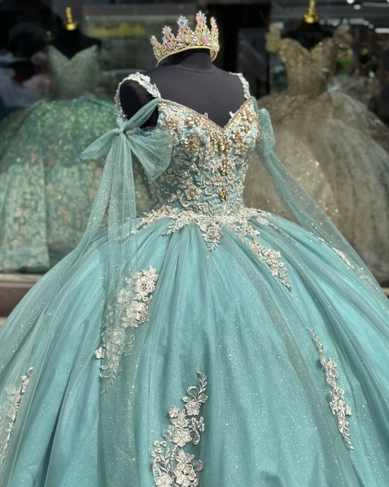 Cape Sleeve Tiffany Blue Quinceanera Dresses Lace Appliqued V Neck 15 Ball Gown