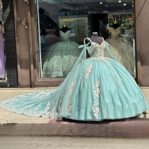 Cape Sleeve Tiffany Blue Quinceanera Dresses Lace Appliqued V Neck 15 Ball Gown