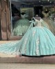 Cape Sleeve Tiffany Blue Quinceanera Dresses Lace Appliqued V Neck 15 Ball Gown