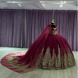 Cloak Red And Gold Quinceanera Dresses Lace Appliques Ball Gown