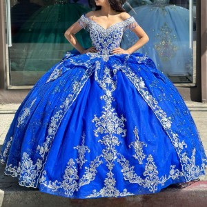 Fringe Sleeve Blue Quince Dress Metallic Sequin 15 Dresses Sweetheart Neck Ball Gown