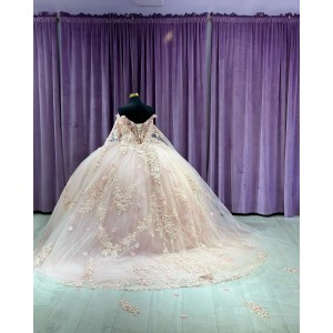 Long Sleeve Light Pink 15 Dresses V Neck Ball Gown 3D Floral Appliques Quince Dress