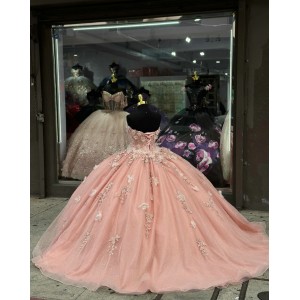 Long Sleeve Pink 15 Dresses Metallic Leaf Ball Gown Sweetheart Neck Dress With Bow