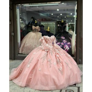 Long Sleeve Pink 15 Dresses Metallic Leaf Ball Gown Sweetheart Neck Dress With Bow